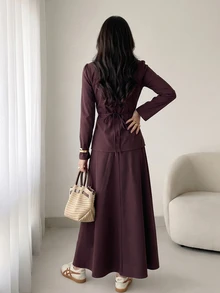 Solavon Women's Button Pleated Long Sleeve Shirt And Long Skirt 2 Pieces Set - Brown - View 2