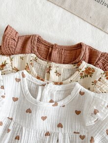 SHEIN 3 Sets Baby Girls Long Sleeve Top Pants Sweet Pink White Flutter Ruffle Floral Heart Long Sleeve Round Neck Regular Outdoor Fall Holiday Sweaters Gift - Multicolor - View 3