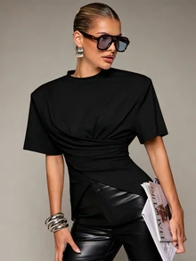 Hauture Women's Summer Fashion Casual Oversized Padded Shoulder Criss-Cross Design T-Shirt - Black - View 1