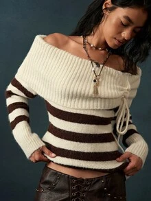 Bohemela Vintage Contrast Stripe Cold Shoulder Drawstring Pullover Sweater - Multicolor - View 4