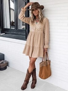 LanaWest Women's Spring/Autumn Gentle French Style Lace Patchwork Pleated Dress - Khaki - View 4