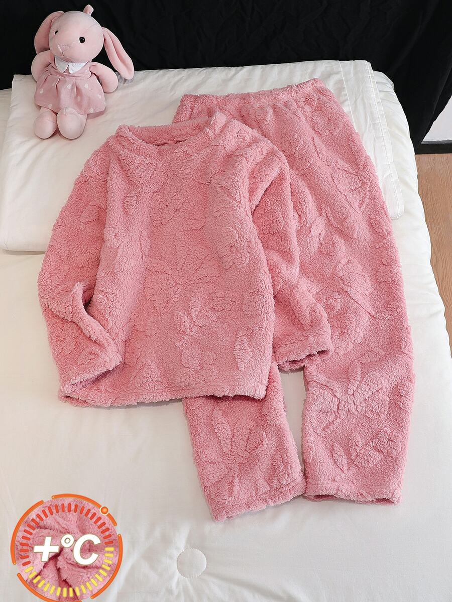 女童 2 件套雙面刷毛提花圓領長袖褲裝舒適居家服 毛絨款 秋冬 - 藕粉色 - 查看 1