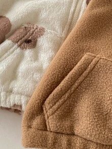 SHEIN 2pcs Newborn Baby Boys Girls Sherpa Fleece Coat Cute Sweet Beige Brown Bear Print Teddy Long Sleeve Zip Up Thick Fuzzy Outdoor Winter Halloween Autumn - Brown - View 5