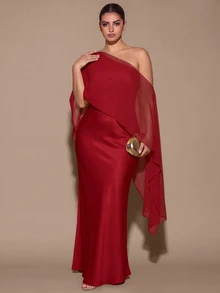 SHEIN BAE CURVE 大尺碼女款優雅長版不對稱單肩洋裝 - 紅色 - 查看 5