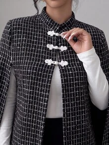 Elenzga Women New Chinese Style Stand Collar Frog Button Tweed Cape Coat, Black White Plaid Elegant Party Poncho Outerwear Autumn Winter - Black and White - View 5