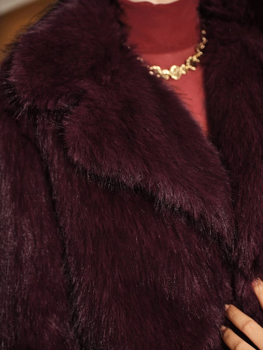 Anewsta Women's Autumn/Winter Short Faux Fur Coat With Large Lapel And Tie - Burgundy - View 1