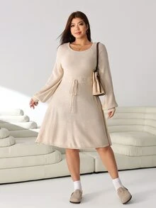 Solflare Plus Size Women Solid Color Round Neck Raglan Long Sleeve Waist Tie Knit Dress - Apricot - View 4