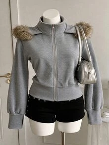 Dazy Plus Korean Style Fitted Waist Patchwork Fur Collar Hooded Sweatshirt, Autumn/Winter New Arrival Hoodies - Grey - View 6