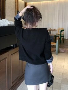 DAZY Black Round Neck Plaid Patchwork Cuff Button Long Sleeve Casual Knit 2 In 1 Cardigan Sweater Fall - Black - View 7