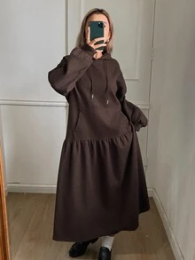 DAZY Dark Brown Hooded Drawstring Long Sleeve Patchwork Loose Fit Casual Mid-Length Dress, Versatile For Autumn/Winter - Brown - View 4
