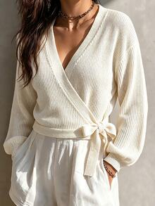 Linhara CURVE Women Fall Winter Elegant Wrap V-Neck Knit Sweater, White Lantern Long Sleeve Side Tie Solid Knit Top Office Wear - Beige - View 3