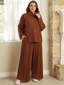 EMERY ROSE Bộ đồ nữ size lớn phong cách vintage trang trí nút cho mùa thu/đông - Gỗ đỏ - Xem 5