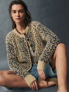 Bohemela Vintage Plush Leopard Print Jacquard Long Sleeve Knit Cardigan - Apricot - View 7