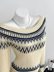 Dulcita Women's Autumn/Winter Large Scoop Neck Asymmetric Shoulder 2-Way Wear Fair Isle Wavy Pattern Colorblock Long Sleeve Slim Fit Atmospheric Knit Sweater - Light Yellow - View 1