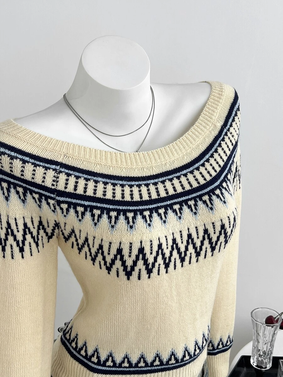 Dulcita Women's Autumn/Winter Large Scoop Neck Asymmetric Shoulder 2-Way Wear Fair Isle Wavy Pattern Colorblock Long Sleeve Slim Fit Atmospheric Knit Sweater - Light Yellow - View 1