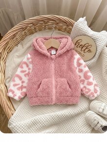 SHEIN Newborn Baby Girl Cute Autumn/Winter Casual Versatile Fuzzy Colorblock Leopard Print Jacket - Pink - View 3