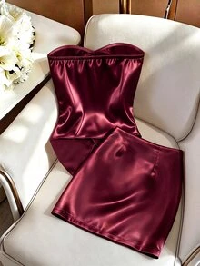 GlowEve 女款純色扭結抹胸上衣與裙子時尚兩件套 - 酒紅色 - 查看 2