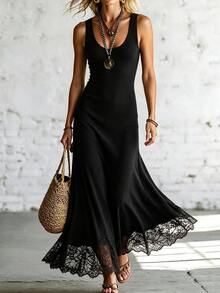 SHEIN Women's Summer Lace Patchwork Casual Daily Outing Dress - Black - View 7