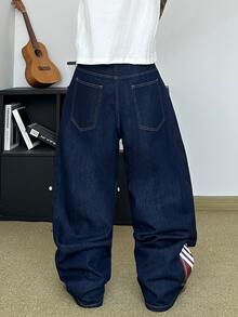 STEELVANCE Streetwear Vintage Fashion Versatile Distressed Washed Rivet Print Design Loose Straight Wide Leg Casual Denim Jeans (Belt And Accessories Not Included) - Blue - View 2
