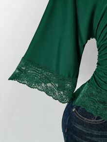 SHEIN ICON 女款大尺碼復古性感千禧風Y2K簡約休閒優雅通勤都市現代蕾絲P - 墨綠色 - 查看 5