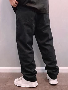 Manfinity EMRG 男士水洗黑色街頭風寬鬆直筒牛仔長褲 - 黑色 - 查看 2