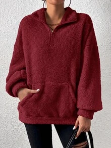 SHEIN EZwear 女款素色立領休閒百搭長袖運動衫 - 酒紅色 - 查看 6