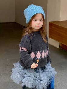 Dazy Kids Infant/Toddler (Girl) Round Neck Diamond Pattern Long Sleeve Colorblock Korean Style Versatile Autumn/Winter Sweater - Grey - View 7