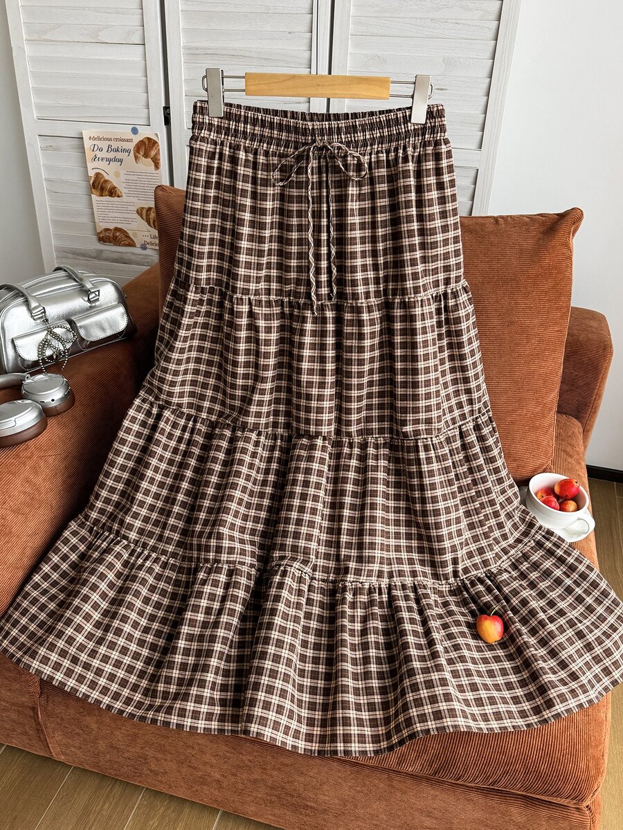 Comfortcana White Tiered Loose Plus Size Skirt - Brown - View 1
