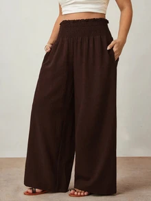 Enliva Plus Size Women's Solid Color Ruffle Elastic Waist Wide Leg Loose Casual Pants, Suitable For Daily Casual And Commuting Wear - Brown - View 7