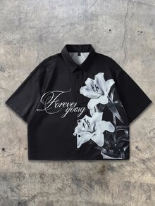 ROMWE MEN Street Life 夏季花園寬鬆短袖襯衫，黑色花卉印花，街頭休閒襯衫 - 黑色 - 查看 1