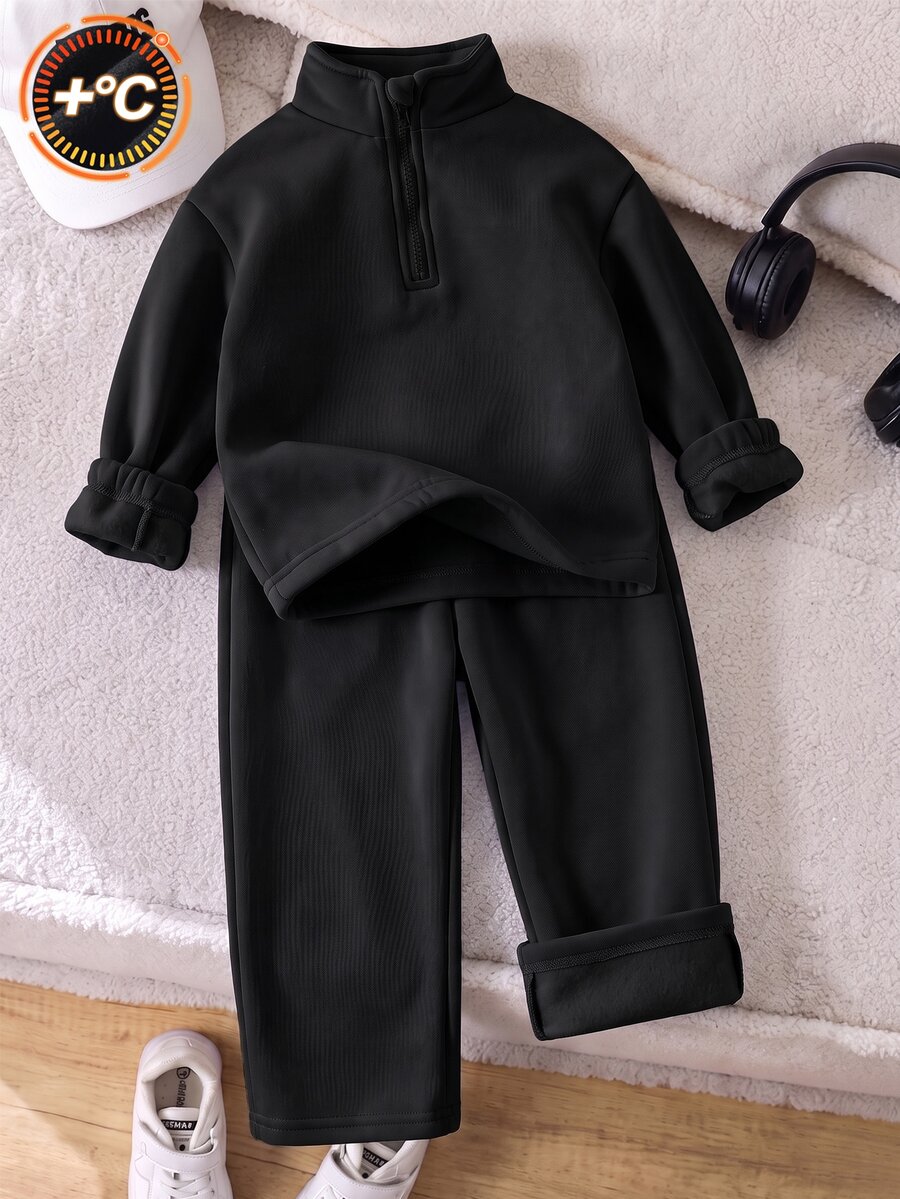 SHEIN Genkimix Kids 2件組少女針織運動衫,單面刷毛,半拉鍊,休閒經典百搭,淺灰色 - 黑色 - 查看 1