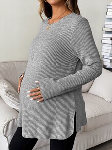 SHEIN 孕婦純色圓領長袖羅紋休閒哺乳T恤 秋季 - 淺灰色 - 查看 6