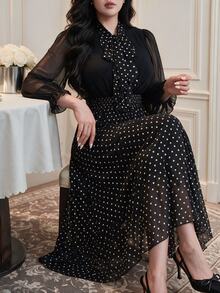 Vibekara Plus Size Elegant Sophisticated Fitted Patchwork Waist-Cinched Dress Fall - Pink - View 2