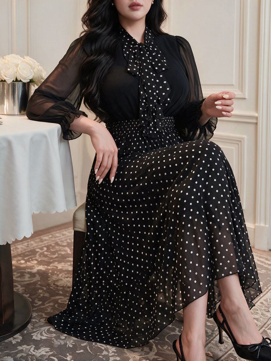 Vibekara Plus Size Elegant Sophisticated Fitted Patchwork Waist-Cinched Dress Fall