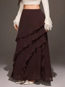 Viva Relle Plus Size Women's Solid Color Ruffle Hem Casual Versatile Skirt - Brown - View 5