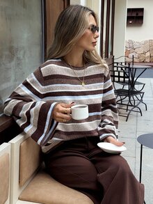 SHEIN Frenchy Autumn/Winter Casual Color-Block Striped Sweater - Apricot - View 7