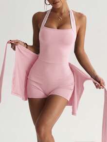 Dewbera Dewbera Spring/Summer Women's Sports Dress, Colorblock Halter Neck, Back Cutout, Front Tie, Built-In Shorts, Pockets, Dusty Pink, Athletic, Tennis - Pink - View 4