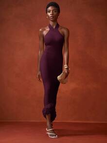 Zivah Women's Solid Color Fitted Elegant Halter Neck Knit Dress - Purple - View 4