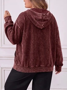 SHEIN CURVE+ 大尺碼開襟拉鍊式水洗布料長袖運動衫，黑色休閒套頭衫，2026 22W - 酒紅色 - 查看 2