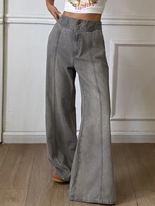 Livesso Women's Street Style Button Loose Wide Leg Jeans - Grey - View 3