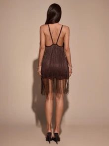 SHEIN BAE Brown Halter Backless Tassel Mini Dress, Suitable For Music Festivals, Parties, Carnivals, Outings, Fashion Styling - Brown - View 2
