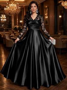 Auveirra Plus Size Women's Lace Patchwork Pleated Elegant Waist-Cinching Party Dress Fall - Black - View 4