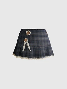 ROMWE Y2K Vintage Sweet Versatile Button Decor Plaid Pleated Skirt Plus Size Skirt - Multicolor - View 3