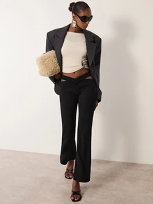 MERLEAU Women's Modern Black Hollow Waist Long Pants - Black - View 1
