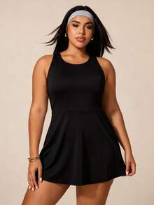 SHEIN Rhythm Era Rhythm Era Plus Size Women's Floral Print Criss-Cross Back Sports Dress With Shorts - Black - View 5