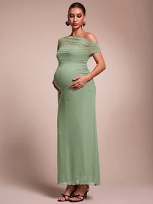 MaterniChic Maternity Solid Color Asymmetric Neck Ribbon Design Slim Fit Elegant Dress - Green - View 6
