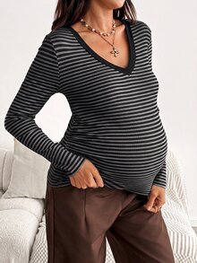 SHEIN Maternity Simple Versatile Striped Colorblock Long Sleeve T-Shirt - Grey - View 11
