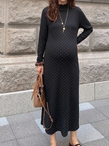 Dazy Maternity Polka Dot Loose Long Sleeve Maxi Casual Vacation Daily Spring Autumn Maternity Dress - Black - View 5