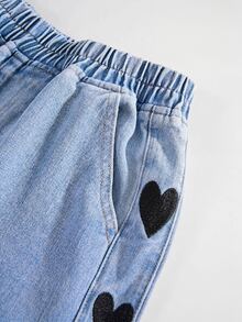 SHEIN CURVE+ Plus Size Heart Embroidery Elastic Waist Pocket Denim Jeans - Black - View 3