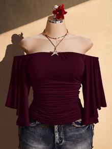 SHEIN ICON 女款大尺碼單肩素色抓皺修身時尚上衣 - 紫紅色 - 查看 10